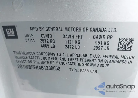 2011 Chevrolet Impala Lt из США, поврежденный, VIN 2G1WB5EK4B1208653